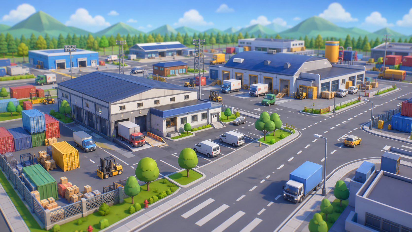 A colorful city delivery district with trucks, buildings, and loading areas