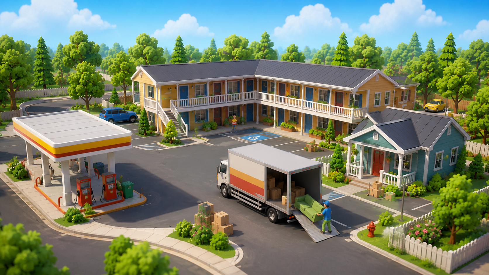 A motel-like roadside location with a truck and moving furniture